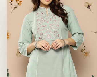 Kurtis For women - Green Embroidered A-line Kurti Top Tees - Short Kurta - Indian Tunics - Summer Top Tees For Women - Short Ethnic Kurta