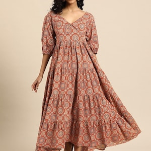 Maxi Dress | Rust Printed Maxi Dress | Gift For Her | Indian Dress | Kurta For Women | Indian Boho Dress | Ethnic Wear Women