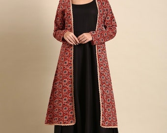 Kurta With Ethnic Jacket | Kurti For Women | Cotton Kurti | Black & Red Printed A-line Kurta | Women Festive Party Wear | Indian Dress