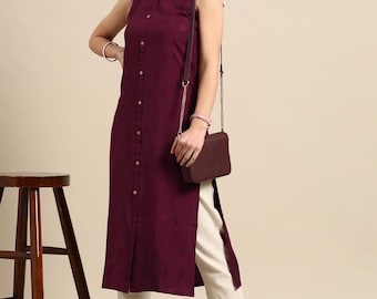 Kurta Women - Burgundy Solid Kurti For Women - Sleeveless Kurti - Gift For Her - Summer Wear Top Tees Tunic - Indian Ethnic Dress