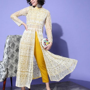 Salwar Kameez Set, Yellow Embroidered High Slit Thread  Work Kurta With Trouser, Indian Wedding Party Wear, Indian Dress, Anarkali Dress