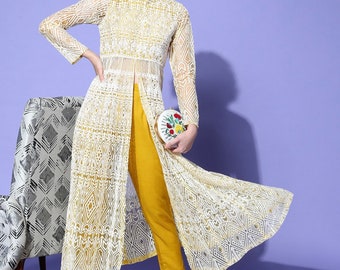 Conjunto de Salwar Kameez, Kurta amarilla bordada con abertura alta y trabajo de hilo, con pantalón, Ropa para bodas y fiestas indias, Vestido indio, Vestido Anarkali
