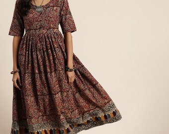 Kalamkari Kurta - Kurta A-Line stampato a mano a blocchi - Regalo per lei - Tunica indiana - Kurtis per le donne - Abito indiano - Abbigliamento etnico