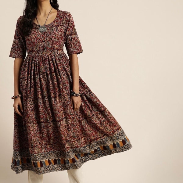 Kalamkari Kurta - Hand Block Imprimé A-Line Kurta - Cadeau pour elle - Tunique indienne - Kurtis pour femmes - Robe indienne - Vêtements ethniques