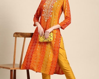 Kurta For Women - Yellow Bandhani Embroidered Thread Work Kurti For Women - Gift For Her - Top Tees Tunic - Summer Wear - Indian Dress