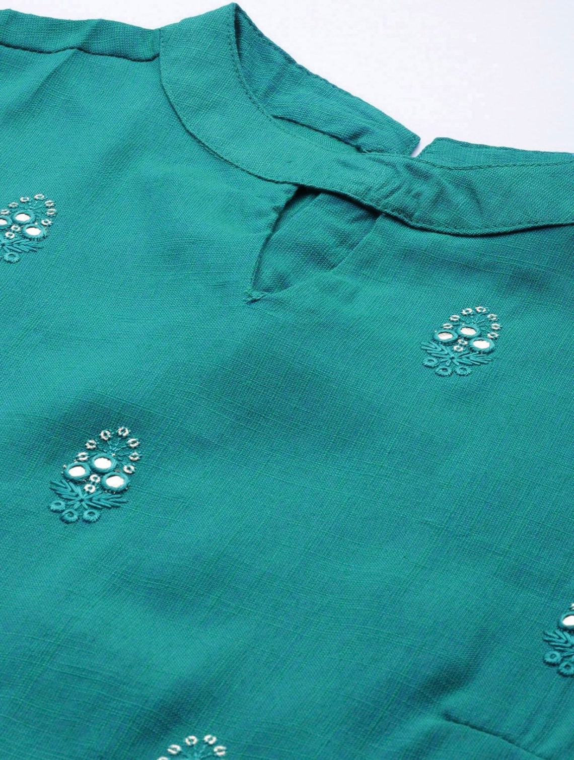 Teal Blue Floral Printed Kurta with Striped Trousers