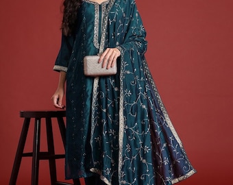 Indian Party Wear Dress For Women - Teal Floral Embroidered Silk Kurta With Trousers & Dupatta - Salwar Kameez - Ethnic Set Indian Dress