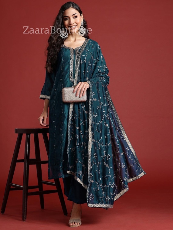 Indian Party Wear Dress for Women - Teal Floral Embroidered Silk Kurta With  Trousers & Dupatta - Salwar Kameez - Ethnic Set Indian Dress - Etsy