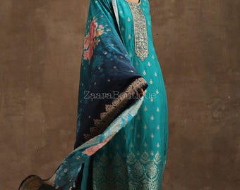 Indian Party Wear Dress For Women - Green Zari Embroidered Silk Kurta With Trousers & Dupatta - Salwar Kameez - Ethnic Set Indian Dress