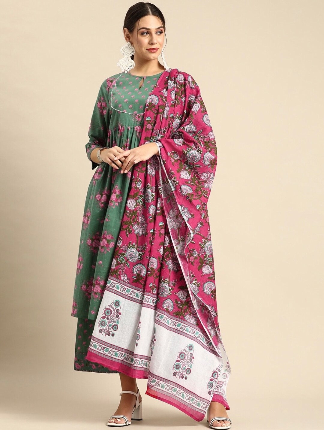 Girls’ Traditional Multicolor Kurta Set – Green & Pink