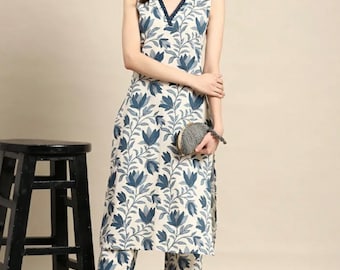Sleevless Kurta Set - White & Blue Printed Cotton Kurta with Trousers For Women - Summer Wear Salwar Kameez - Office Wear - Indian Dress