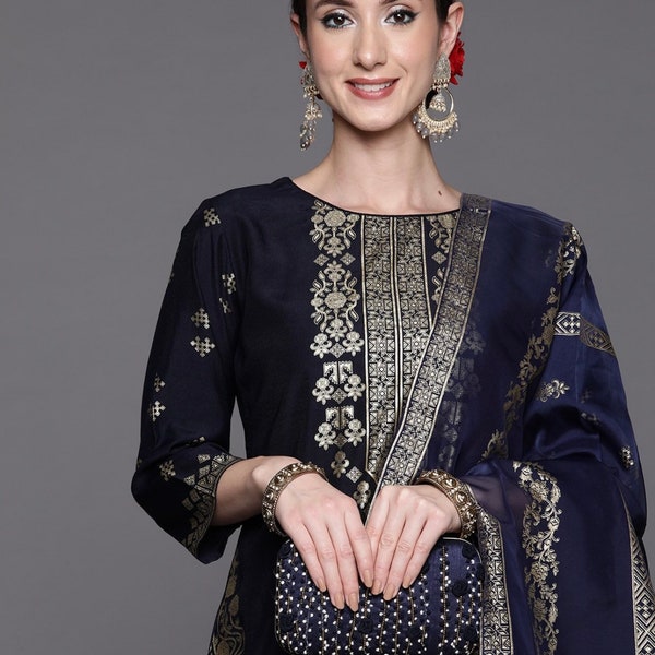 Indian Dress - Navy Blue Floral Printed Liva Kurta With Trousers & Dupatta - Kurta Sets For Women - Wedding / Party - 3 Piece Suit