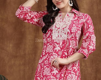 Kurtis for women - Indian Tunic - Short Kurta Dress - Pink Floral Printed Cotton Kurti - Indian Dress - Top & Tees - Summer Wear Tops