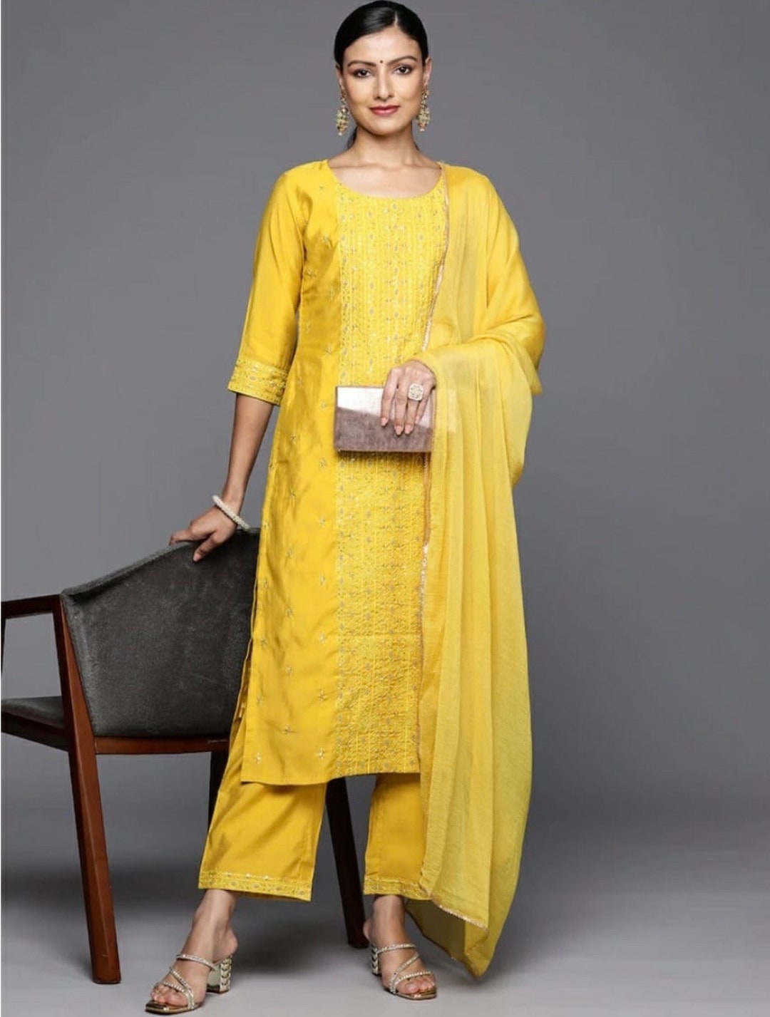 Silk Party Wear Kurta Set - Yellow Embroidered Straight Kurta With ...