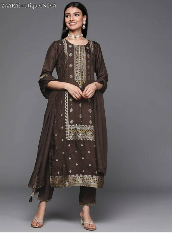 Dark Brown Color Georgette Fabric Embroidered Function Wear Straight Cut Salwar  Suit