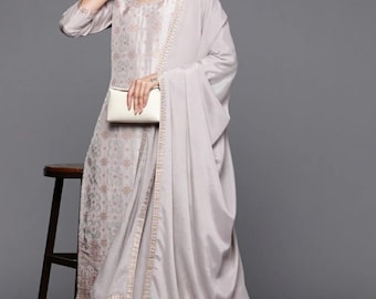 Indian Dress For Women - Grey Woven Design Zari  Embroidered Silk Kurta With Trouser & Dupatta - Salwar Kameez Set - Indian Party Wear Dress
