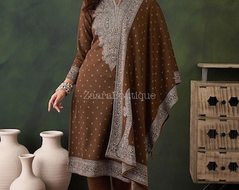 Woollen Kurta Set For Women - Brown Yoke Design Knitted Woollen Kurta - Indian Kashmiri Kurta - Indian Tunic - Winter Wear - Indian Dress