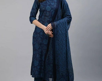 Cotton Kurta Set, Navy Blue Printed Kurta With Palazzo And Dupatta, Indian Wedding Wear, Gift For Her, Women Party Dress, Ethnic Dress, XS