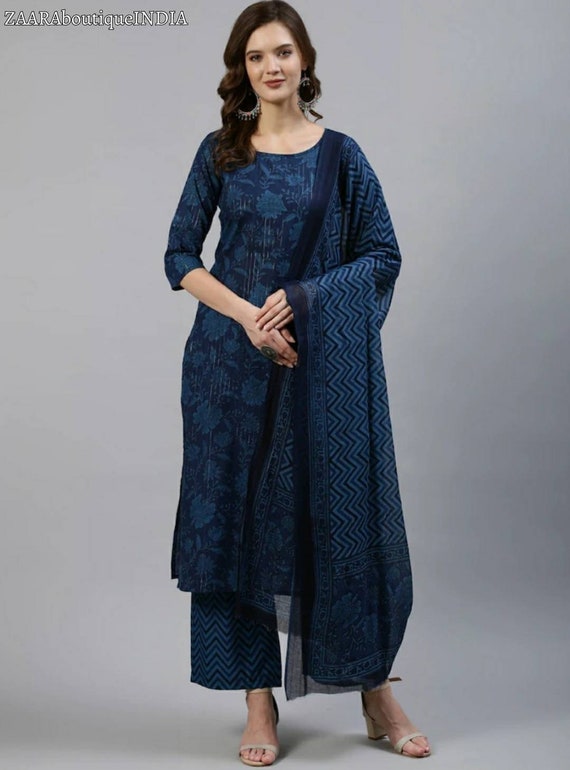 Amazon.com: Amayra Women's Rayon Printed Straight Kurti with Palazzos and  Dupatta Set(Blue,S) : Clothing, Shoes & Jewelry