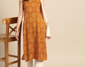Kurta Women Kurti For Women Hand Printed Yellow Kurti Sleeveless Kurti Gift For Her Summer Wear Office Wear For Women Indian Ethnic Dress
