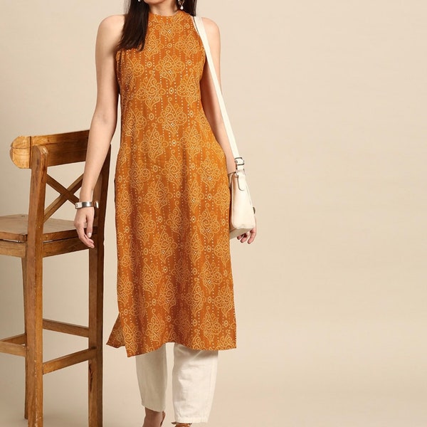 Kurta Women Kurti For Women Hand Printed Yellow Kurti Sleeveless Kurti Gift For Her Summer Wear Office Wear For Women Indian Ethnic Dress