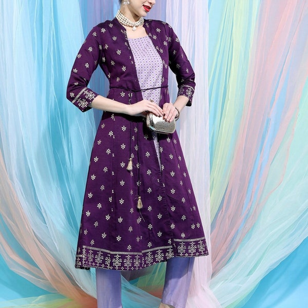 Komplet Kurta z etniczną kurtką | Fioletowa, drukowana, empire kurta ze spodniami | Sukienka indyjska | Odzież etniczna | Indyjska sukienka boho | Długa sukienka kurti