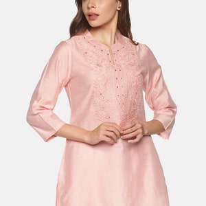 Kurtis For women | Pink Embroidered Kurti Top Tees | Short Kurta | Indian Tunics | Indian Top Tees Women | Short Ethnic Kurta