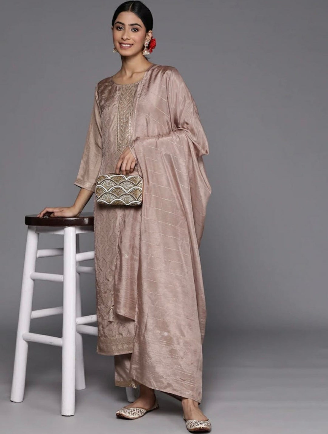 Silk Kurta Sets for Women Indian Wedding Wear Taupe Embroidered Party ...