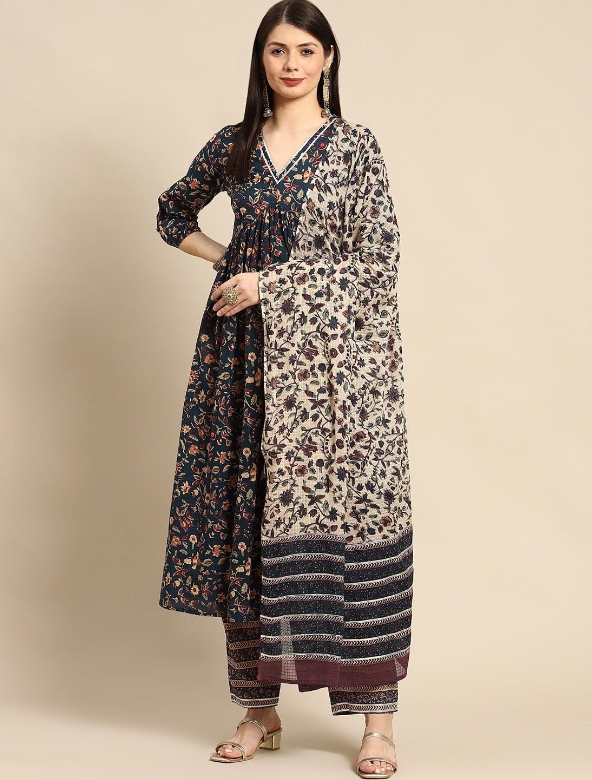 Pure Cotton Kurta Sets For Women - Teal Ethnic Motifs Printed Anarkali Kurta With Palazzo & Dupatta - Summer / Office Wear - Indian Dress
