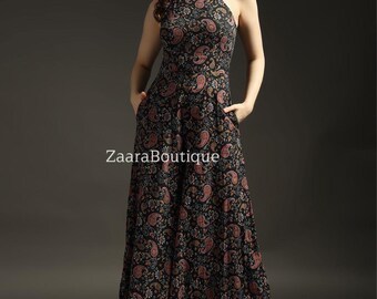 Jumpsuit, Boho Paisley Print Wide Leg Jumpsuit, Sleeveless Halter Neck Summer Outfit with Pockets, Black Casual Maxi Romper for Women