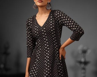 Maxi Dress - Anarkali Kurta - Indian Party Wear Dress For Women - Black Floral A-line Kurta - Plus Size 3XL Kurti - Gown Dress