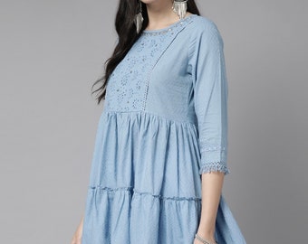 Tunics For Women - Blue Cotton Embroidered Lace Tunic - Indian Ethnic Tunic - Short Kurtis For Women - Summer Wear - Plus Size Boho Tunic