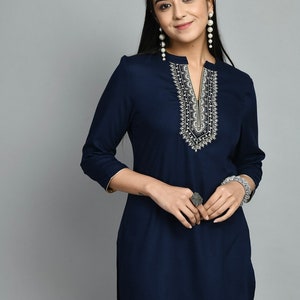 Tunics For Women - Navy Blue Floral Embroidered Kurti Top - Short Kurta - Indian Tunics - Indian Top Tees Women - Ethnic Short Kurti XS