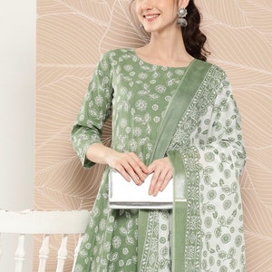 Cotton Kurta Set For Women - Green Floral Printed Gotta Patti Kurta With Trousers & Dupatta - Indian Party Wear Dress - Gift For Her