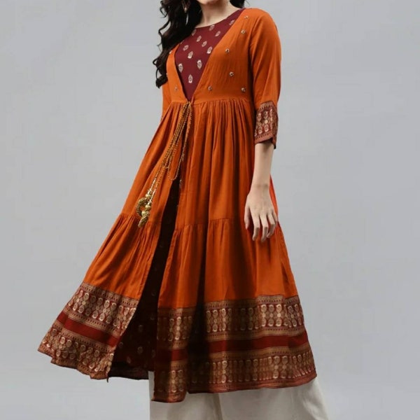 Anarkali Kurta met jas | Damesjurken | Indiase Boho-jurk | Dames feestjurk | Indiase etnische jurk | Grote maat jurk 3XL 4XL