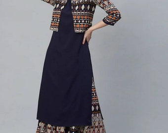Kurta met palazzo en etnisch jasje, afstudeercadeau, blauw-wit bedrukte Kurta-set | Feestelijke feestkleding dames | Indiase etnische jurk