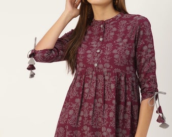 Kurtis For women - Maroon & Grey Printed A-line Kurti Top Tees - Short Kurta - Indian Tunics - Indian Top Tees Women - Short Ethnic Kurta