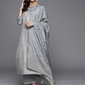 Silk Kurta Sets For Women, Grey & Gold Zari Work Silk Blend Kurta With Trousers With Dupatta, Indian Party Wear Dress, Kurta With Palazzos