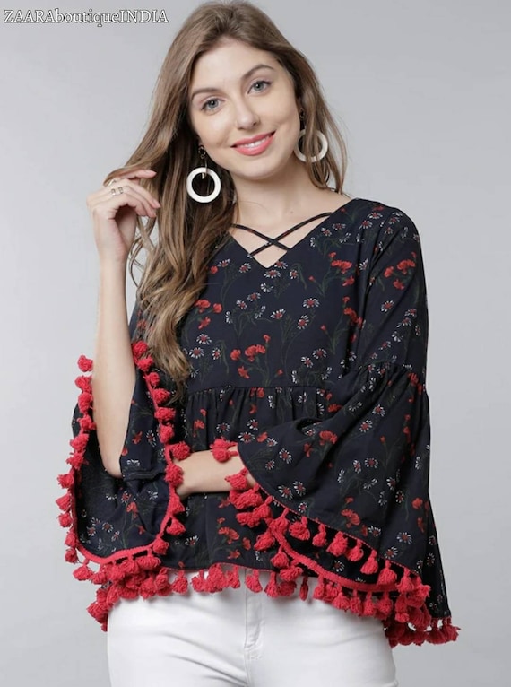 Kurtis For Women - Navy Blue Printed Peplum Top For Women - Tunic Top - Summer Tops and Tees - Indian Ethnic Kurti Top - Kurta Top Women