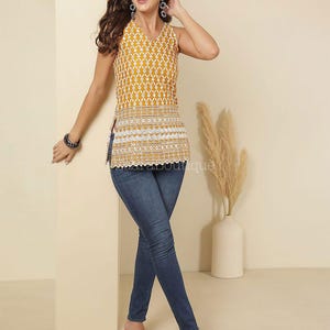 Kurti Túnica Feminina - Kurti sem Mangas Bordada em Amarelo Mostarda - Vestido Kurti Curto, Roupa de Verão - Blusas Étnicas Indianas - Blusa Boho imagem 7
