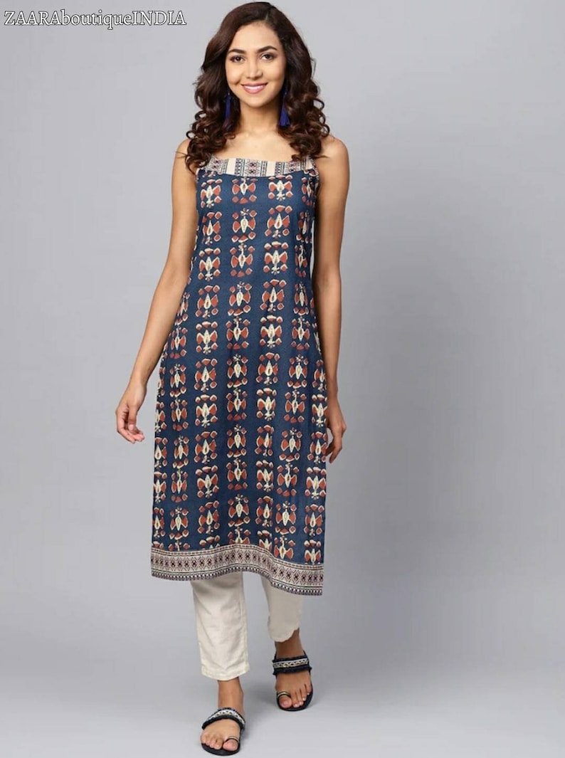 Kurta för kvinnor | Bomullskurti för kvinnor | Handtryckt kurta | Ärmlös kurta | Present till henne | Sommarkläder för kvinnor | Indisk etnisk klänning bild 1
