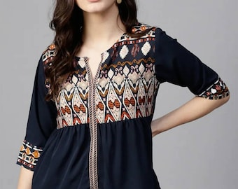 Kurtis Tunic For Women, Blue Ethnic Motifs Pleated Keyhole Neck Top For Women, Short Kurti Dress, Summer Wear, Indian Ethnic Top For Women