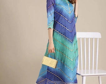 Silk Kurta For Women  | Blue & White Striped Gotta Patti Kurta | Kurtis For Women | Indian Dress | Indian Tunic | Ethnic Party Wear | XS