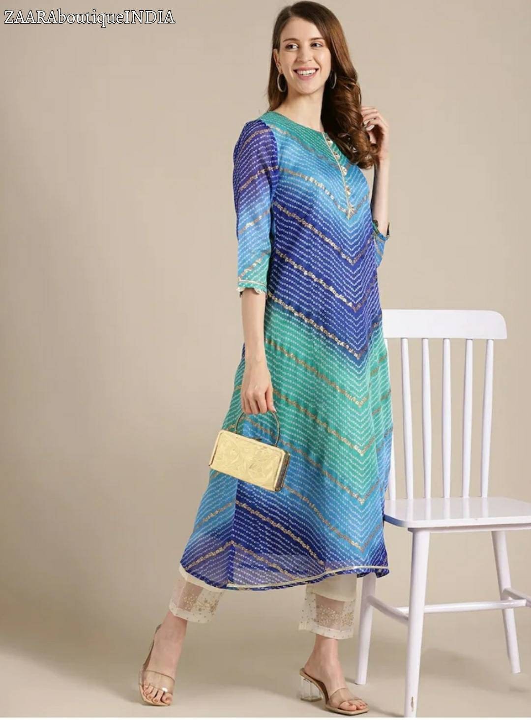 Prija Collection Indian Kurti & Skirt Set For Women - Peach Bandhani Print Ready To Wear