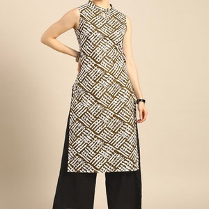 Kurta Pant Sets For Women Brown & White Cotton Kurta With Palazzo Hand Printed Sleeveless Kurti Summer Wear Gift For Her Indian Ethnic Dress