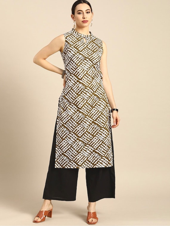 Kurta Pant Sets For Women Brown & White Cotton Kurta With Palazzo Hand Printed Sleeveless Kurti Summer Wear Gift For Her Indian Ethnic Dress