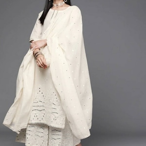 Cotton Kurta Sets For Women - Off-white Gold Embroidered Kurta With Palazzo & Dupatta - Indian Party Wear Dress - Kurta With Trousers Women