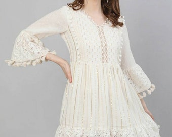 Short Kurti Tunic | 100% Pure Cotton Off-white Fit And Flared Dress For Women | Indian Tunic | Indian Dress | Top | T-shirt | Short Kurta XS