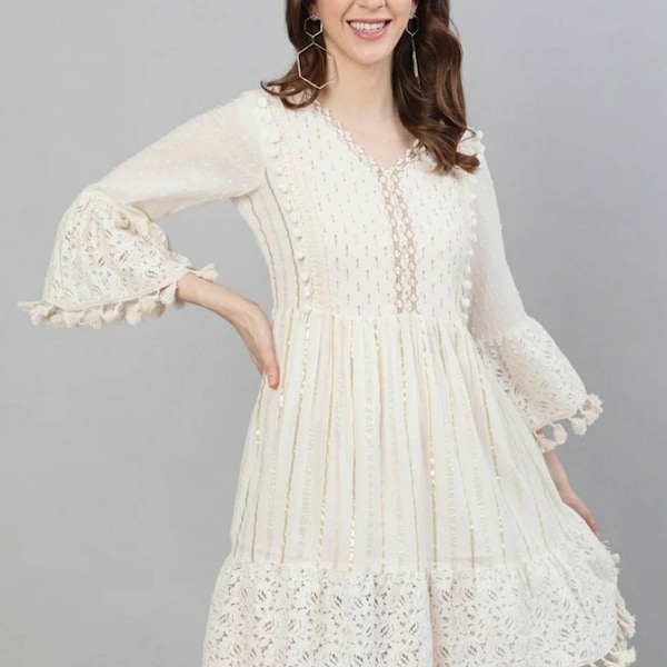Short Kurti Tunic | 100% Pure Cotton Off-white Fit And Flared Dress For Women | Indian Tunic | Indian Dress | Top | T-shirt | Short Kurta XS