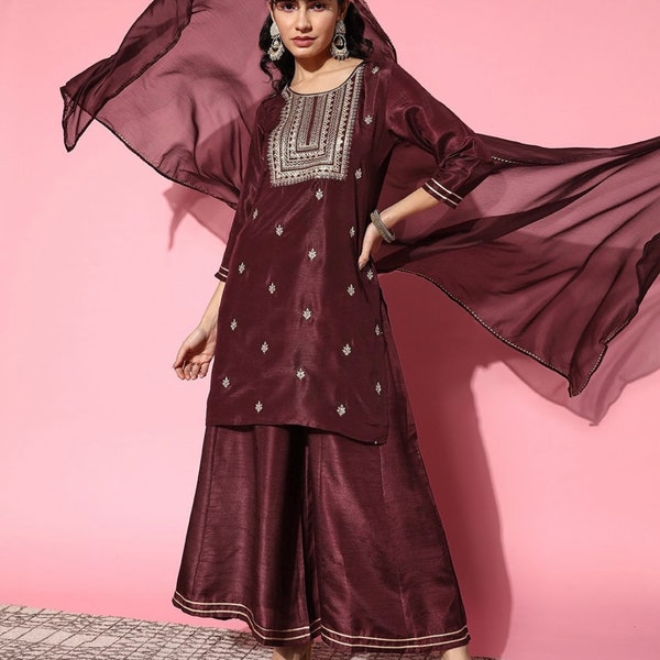 Indian Party Wear Dress For Women - Maroon Embroidered Zari Work Silk Kurta With Palazzos With Dupatta - Kurta With Trousers - Salwar Kameez